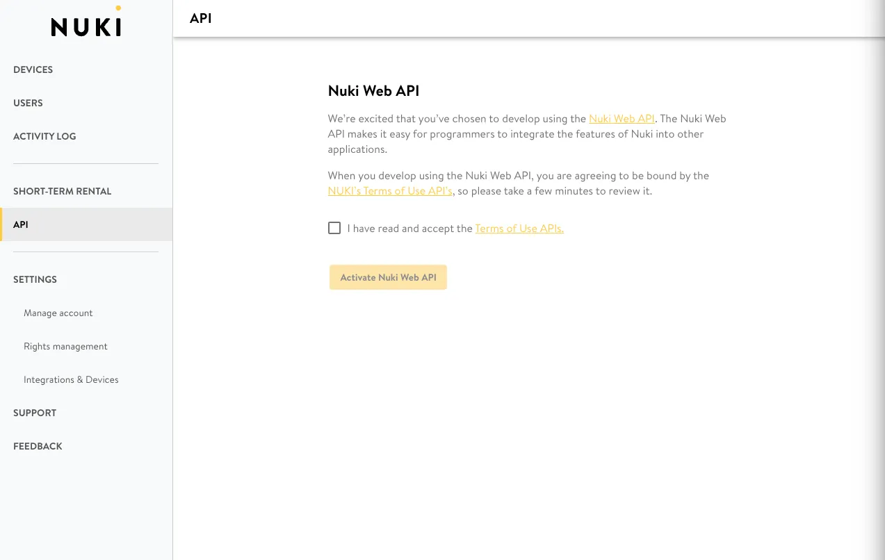 Nuki Web with the API not yet activated