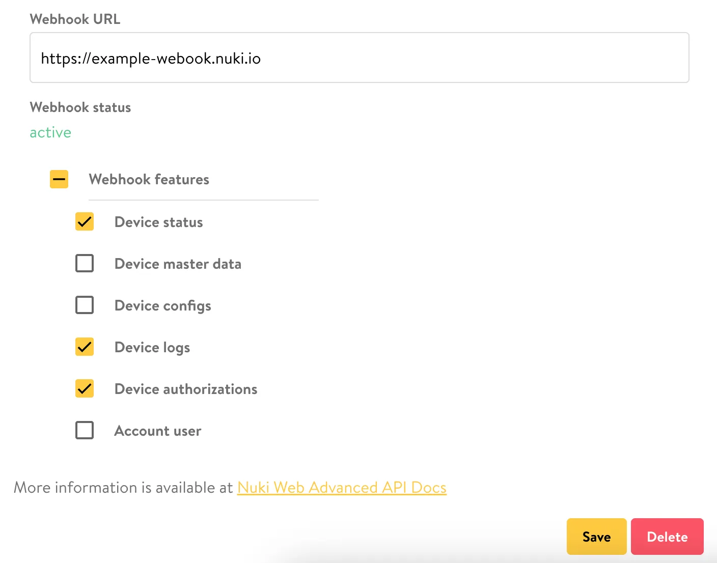 Webhook feature selection in Nuki Web