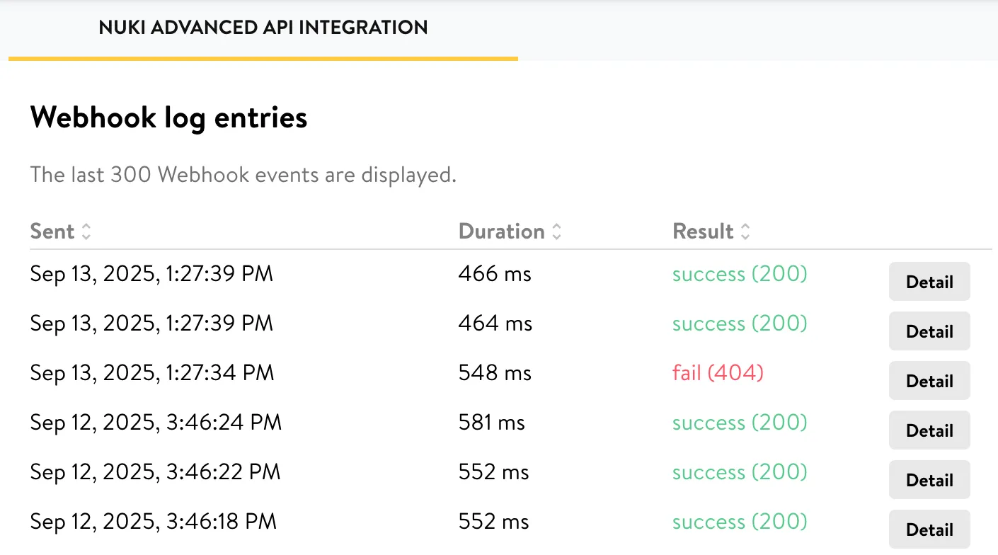 Webhook logs in Nuki Web